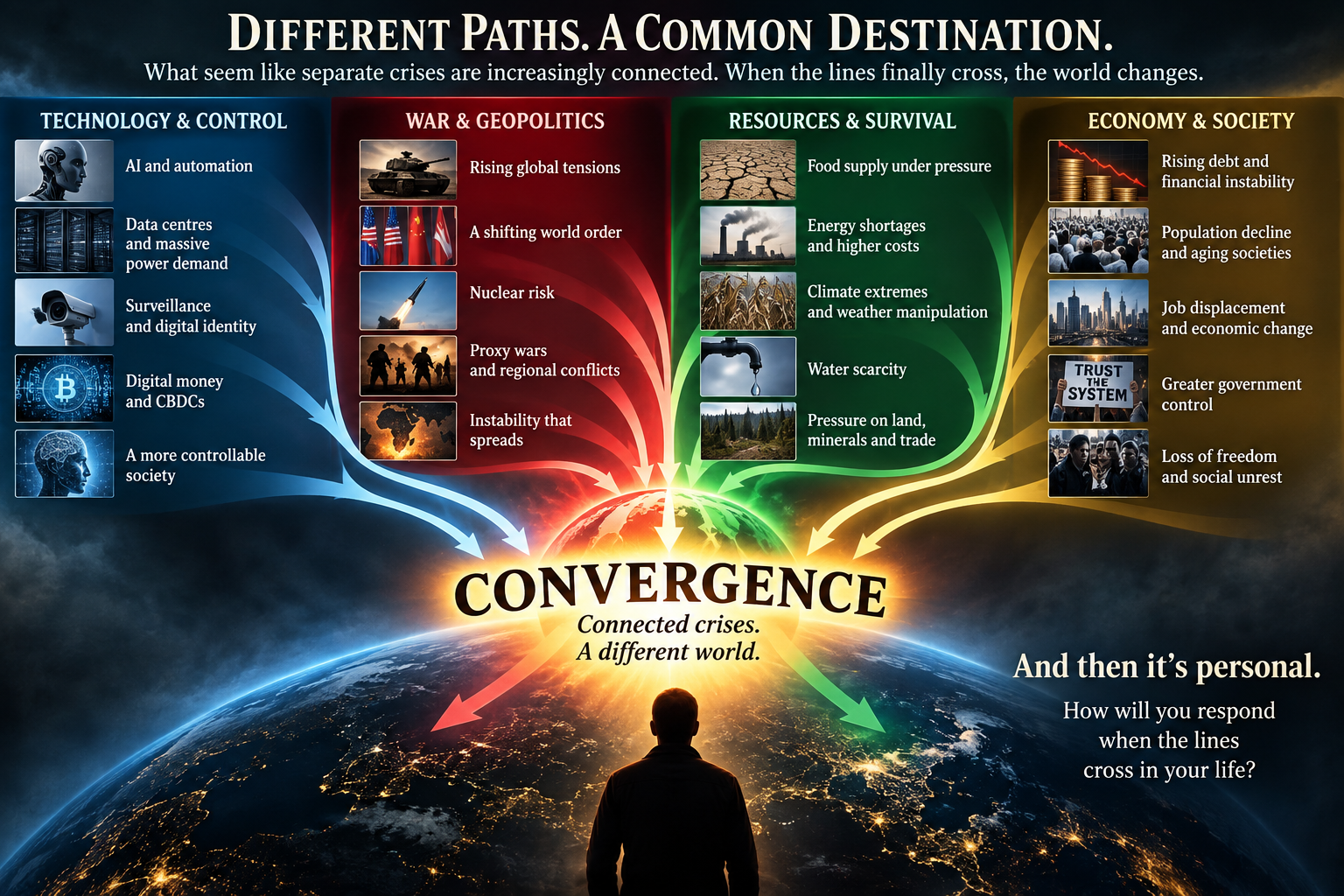Convergence chart showing apparently separate developments coming together